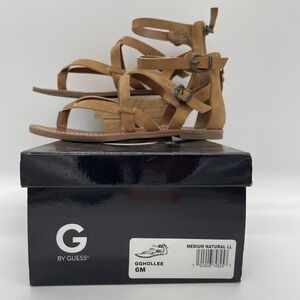 G‎ by Guess Womens 6 Sandals Strappy Gladiator Brown Faux Leather Zip GGHOLLEE